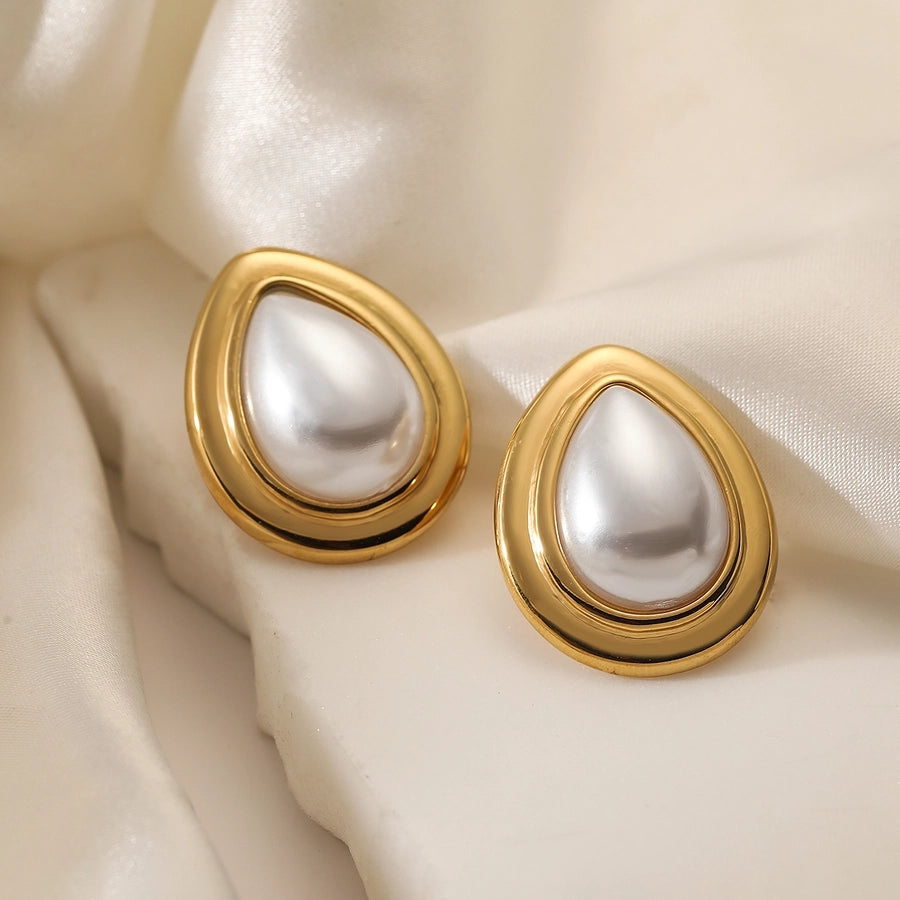 1 Pair Retro Simple Style Water Droplets Plating Inlay 304 Stainless Steel Pearl 18K Gold Plated Ear Studs