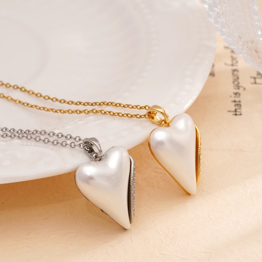 Jewelry IG Style Heart Shape 304 Stainless Steel Copper Rhinestones Pearl Inlay Pendant Necklace