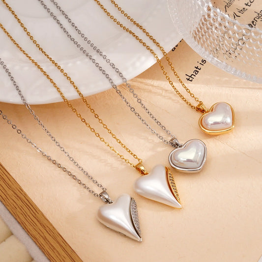 Jewelry IG Style Heart Shape 304 Stainless Steel Copper Rhinestones Pearl Inlay Pendant Necklace