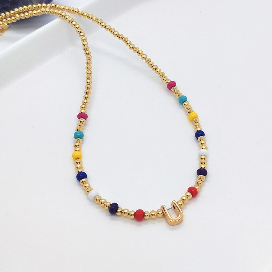 ig style simple style letter glass copper beaded knitting plating 18k gold plated necklace