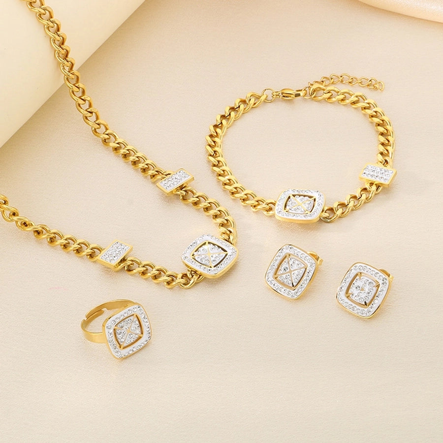 Fashion & Trend Stainless Steel 8-Word Diamond Cuban Link Chain Necklace Four-Piece Set