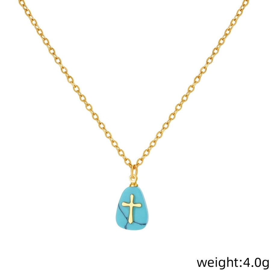 Classical Vintage Style Simple Style Cross 304 Stainless Steel natural stone Pendant Necklace In Bulk