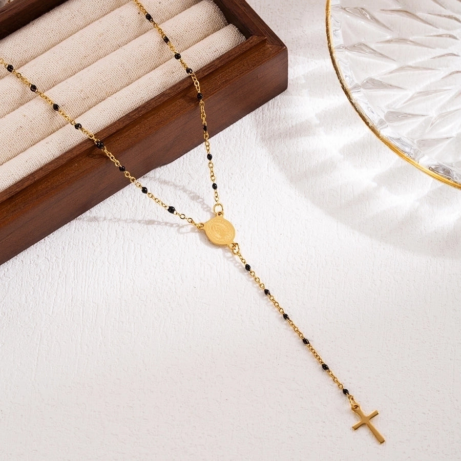 Jewelry Elegant Classical Cross Virgin Mary Priest Stainless Steel Beaded 18K Gold Plated Plating Necklace