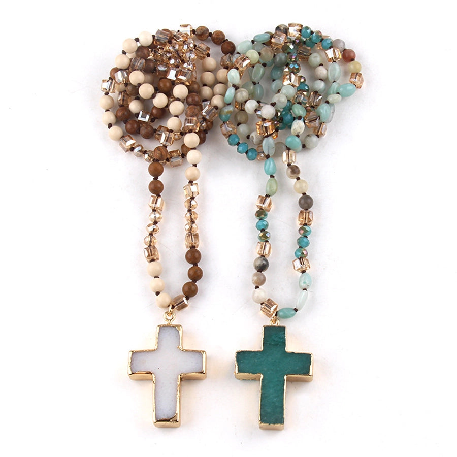 fashion bohemian style necklace natural stone mixed glass cross sweater chain necklace