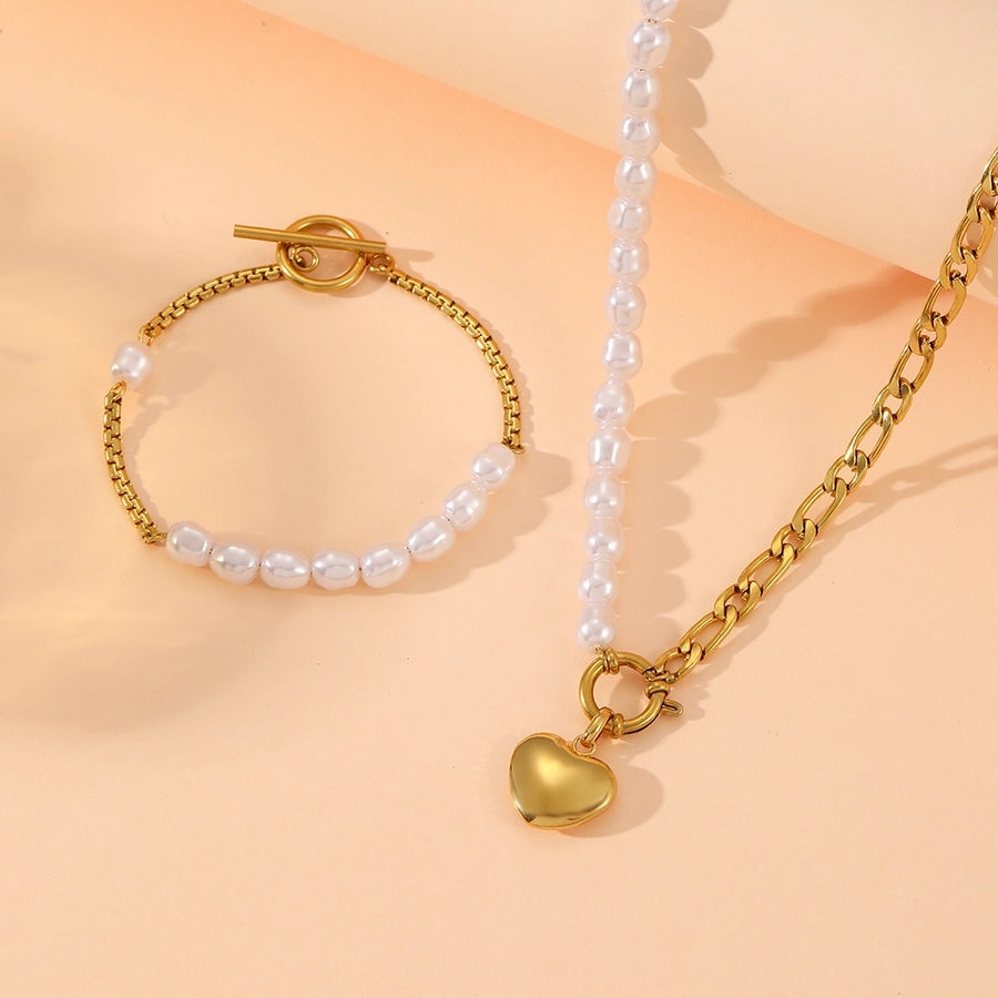 Jewelry Elegant Simple Style Heart Shape Titanium Steel 18K Gold Plated Layered Pearl Bracelets Necklace