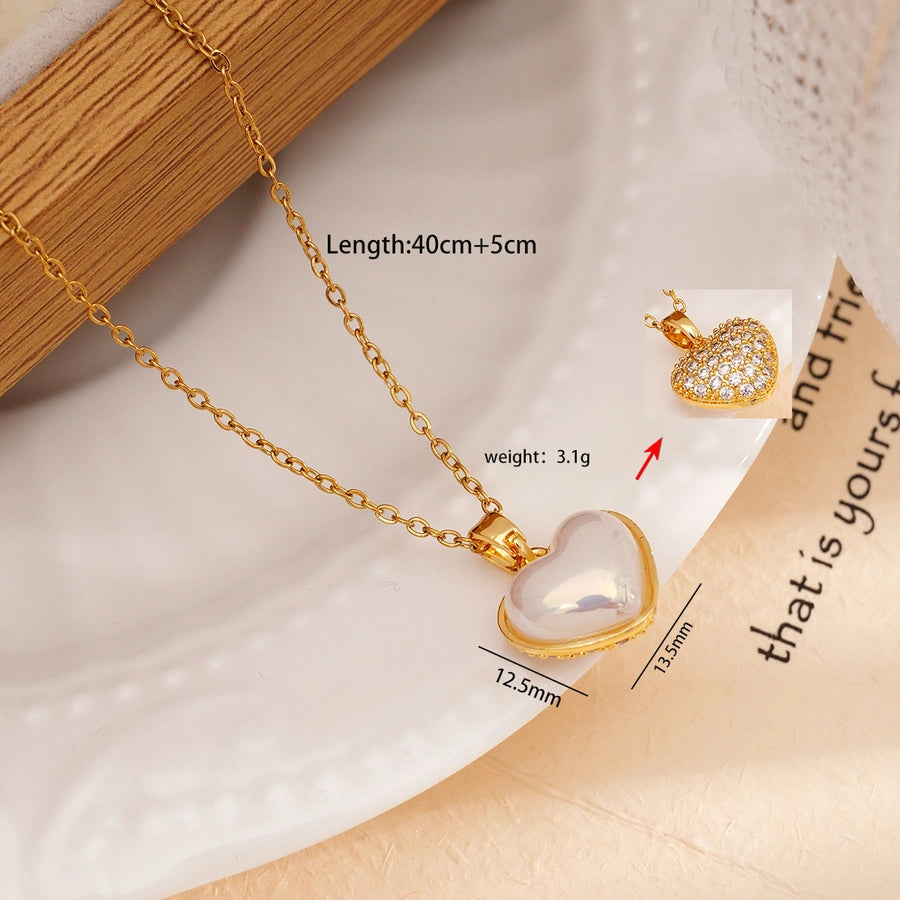 Jewelry IG Style Heart Shape 304 Stainless Steel Copper Rhinestones Pearl Inlay Pendant Necklace