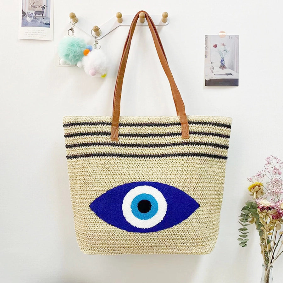 Women's Straw Devil's Eye Stripe Classic Style Weave Square Zipper Tote Bag Straw Bag