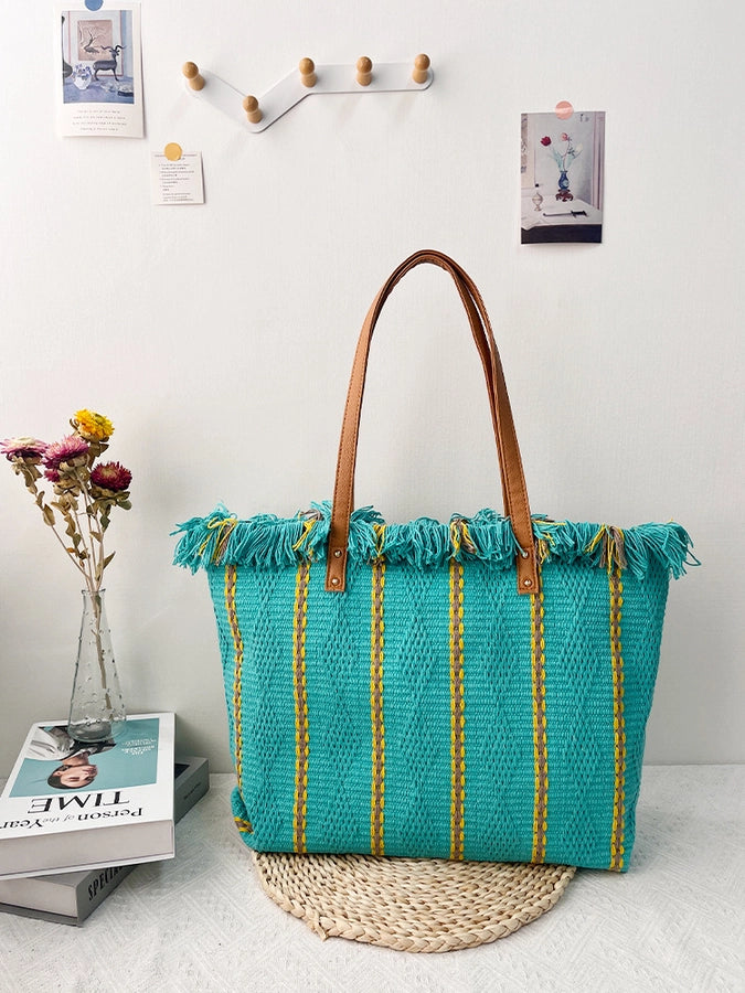 Women's Cotton Stripe Classic Style Tassel Square Magnetic Buckle Tote Bag