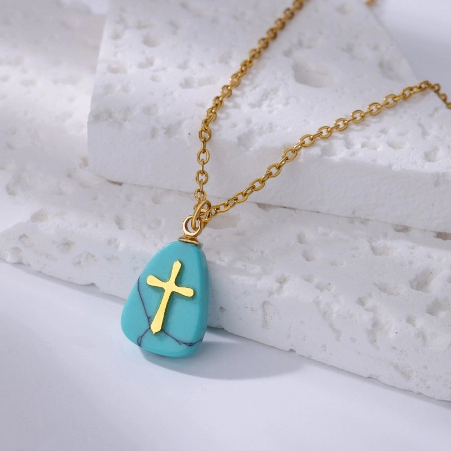 Classical Vintage Style Simple Style Cross 304 Stainless Steel natural stone Pendant Necklace In Bulk