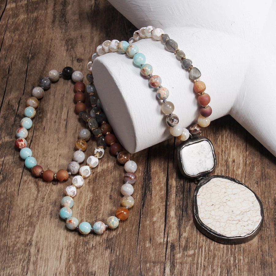 Bohemian Geometric Semi-precious stone Alloy Stone  Pendant Necklace Sweater Chain In Bulk Natural stone necklace