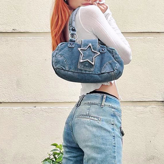 Women's Medium Denim Star Solid Color Streetwear Oval Zipper Shoulder Bag