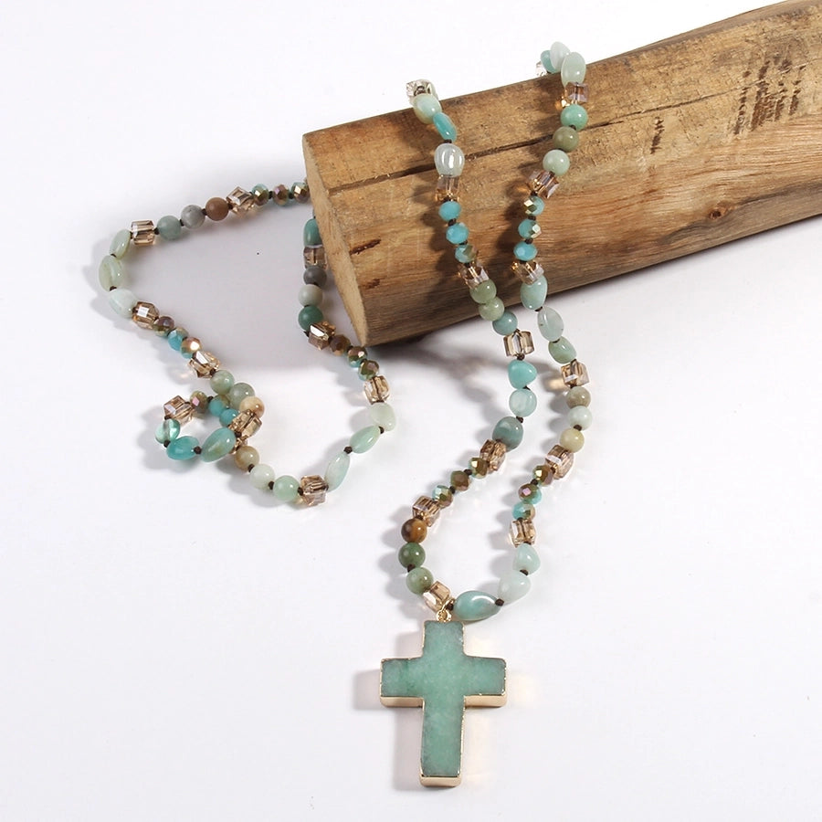 fashion bohemian style necklace natural stone mixed glass cross sweater chain necklace