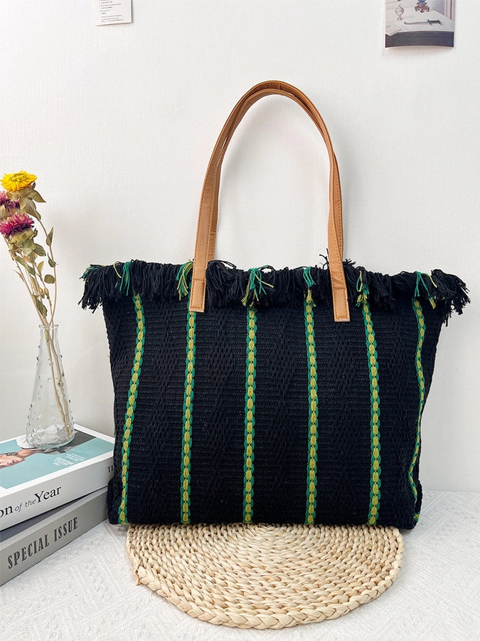 Women's Cotton Stripe Classic Style Tassel Square Magnetic Buckle Tote Bag