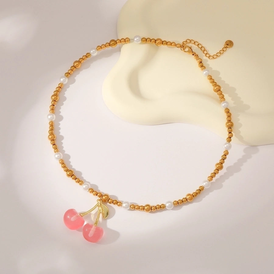 Sweet Simple Style Cherry Solid Color 18K Gold Plated Imitation Pearl 304 Stainless Steel Beaded Chain Beaded Necklaces