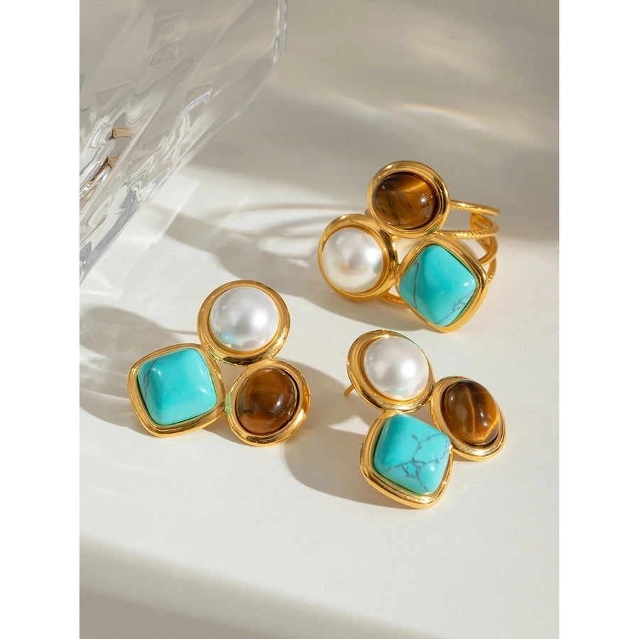 Jewelry Retro Round Square Oval 304 Stainless Steel Imitation Pearl Turquoise Tiger Eye Plating Inlay Rings Earrings