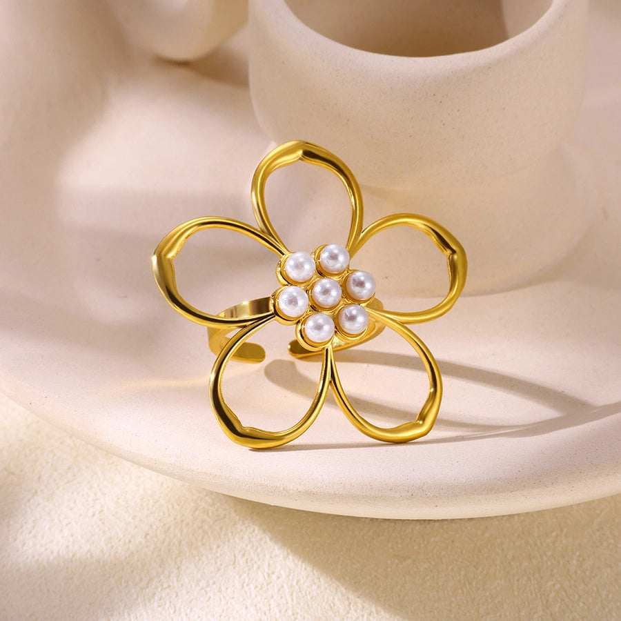 Jewelry Casual Vintage Style Streetwear Flower 304 Stainless Steel Artificial Pearls 18K Gold Plated Inlay Open Rings