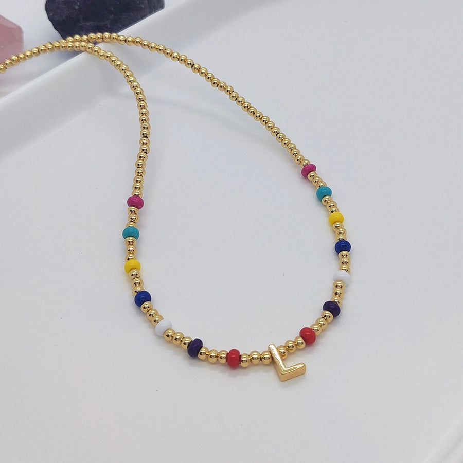 ig style simple style letter glass copper beaded knitting plating 18k gold plated necklace