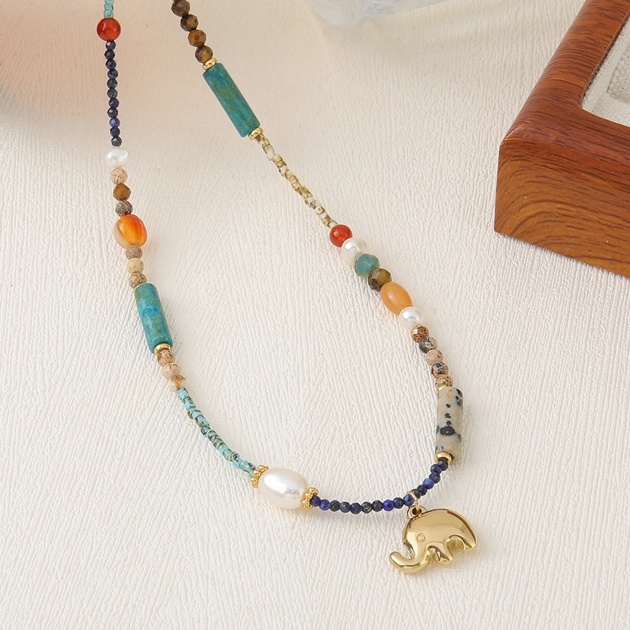 Casual Cute Commute Elephant natural stone Freshwater Pearl Copper Beaded Chain Beaded Necklaces