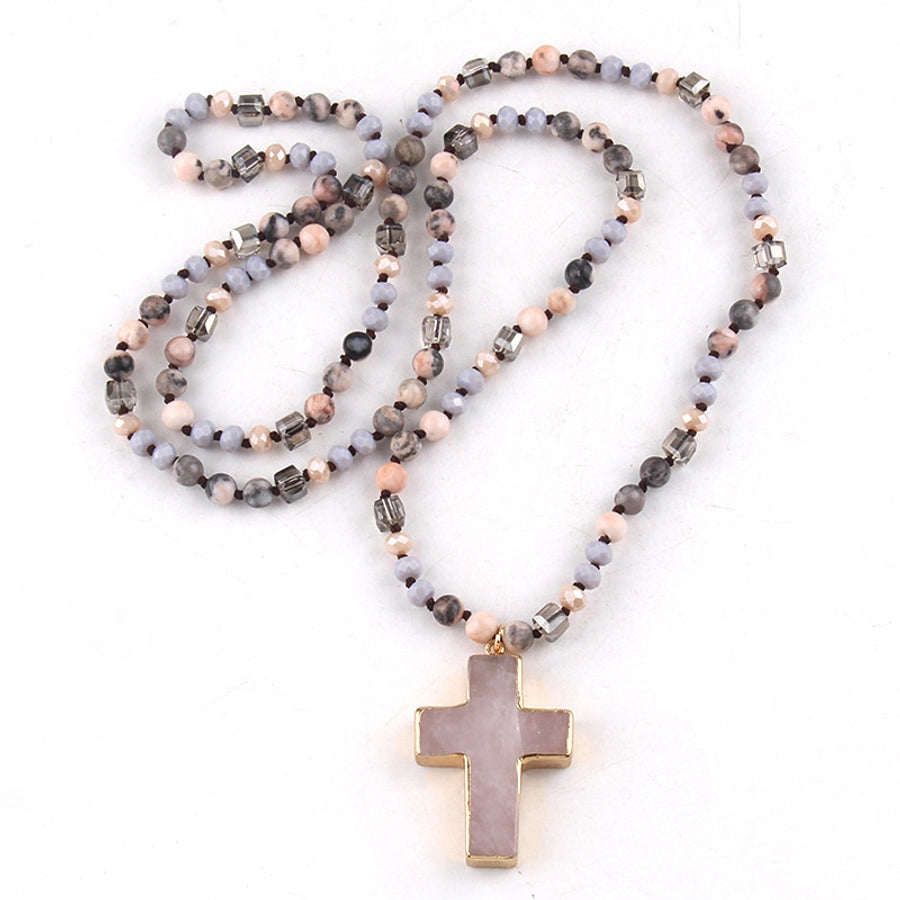 fashion bohemian style necklace natural stone mixed glass cross sweater chain necklace