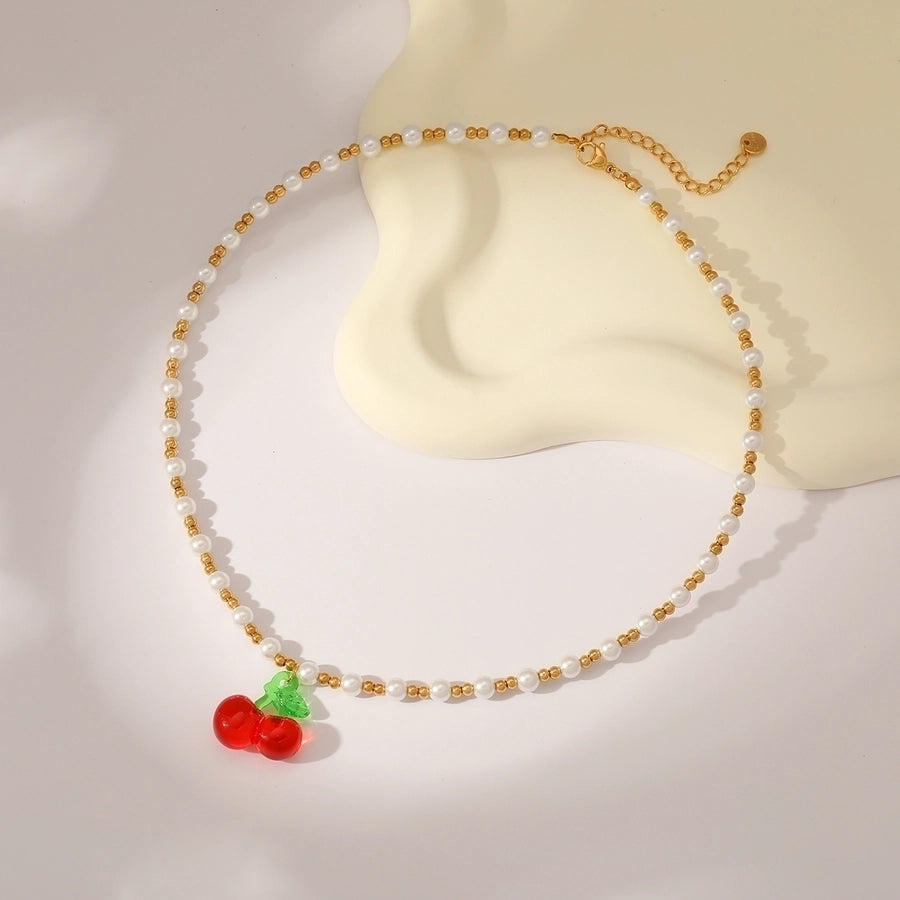 Sweet Simple Style Cherry Solid Color 18K Gold Plated Imitation Pearl 304 Stainless Steel Beaded Chain Beaded Necklaces