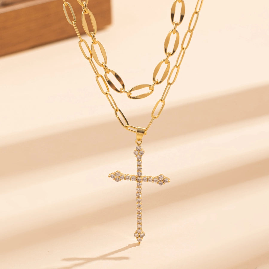 Jewelry Elegant Cross 201 Stainless Steel Copper Zircon Inlay Double Layer Necklaces