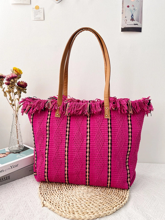 Women's Cotton Stripe Classic Style Tassel Square Magnetic Buckle Tote Bag