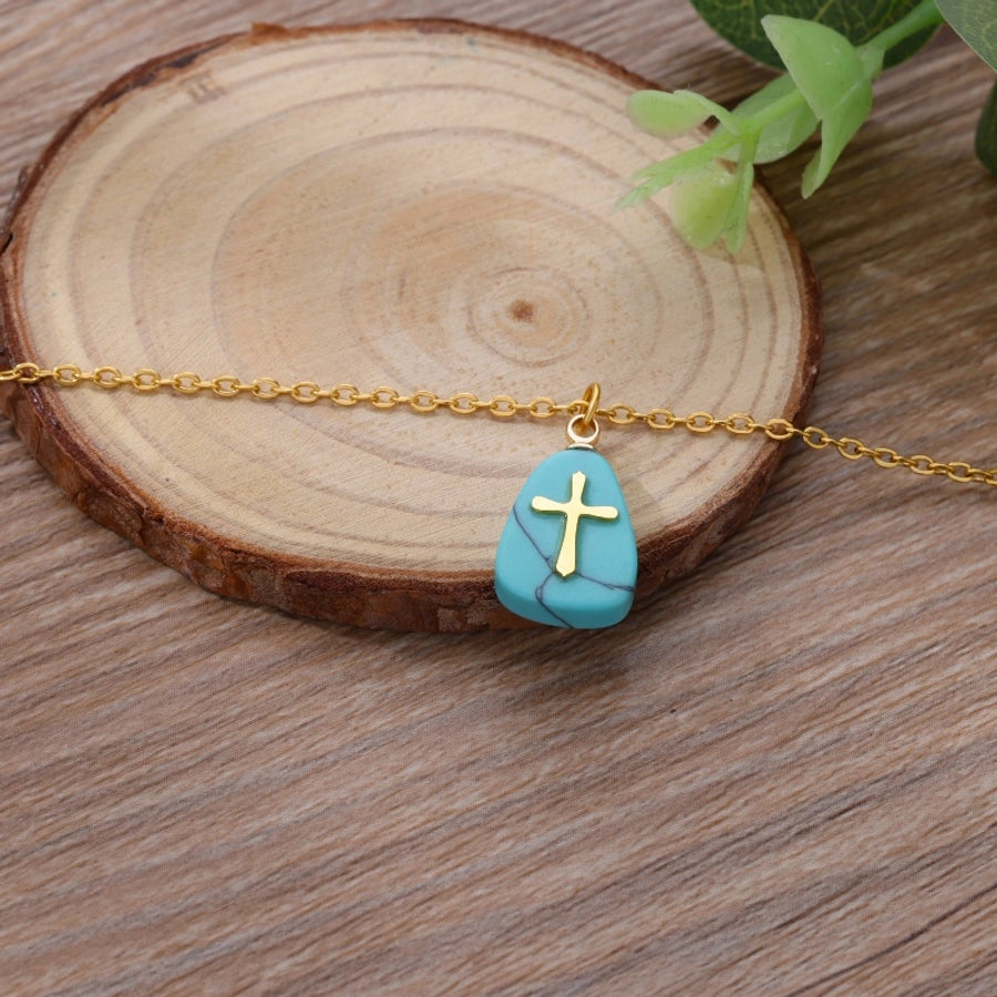 Classical Vintage Style Simple Style Cross 304 Stainless Steel natural stone Pendant Necklace In Bulk