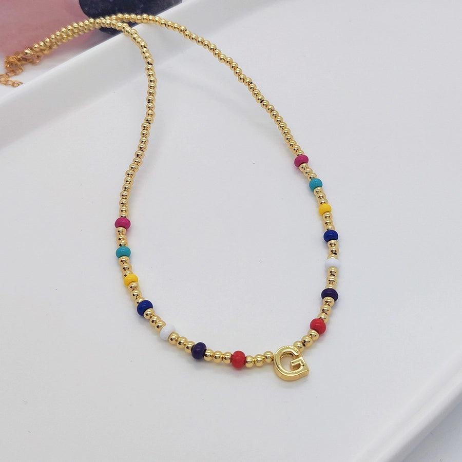 ig style simple style letter glass copper beaded knitting plating 18k gold plated necklace