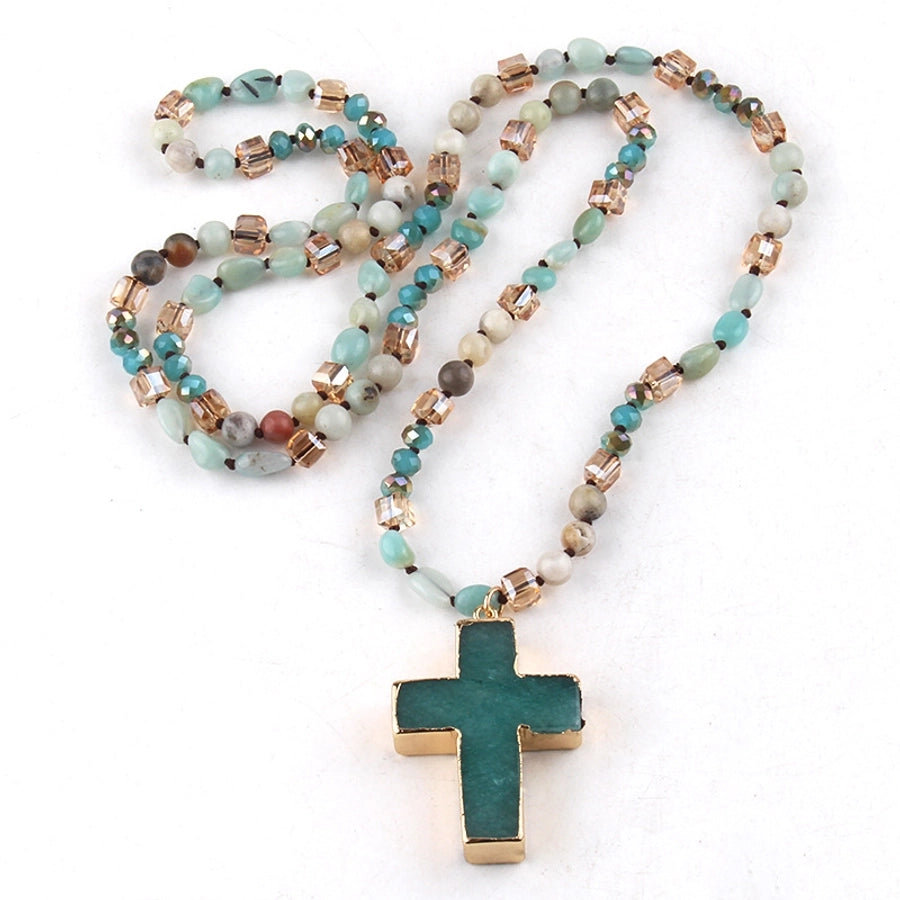 fashion bohemian style necklace natural stone mixed glass cross sweater chain necklace