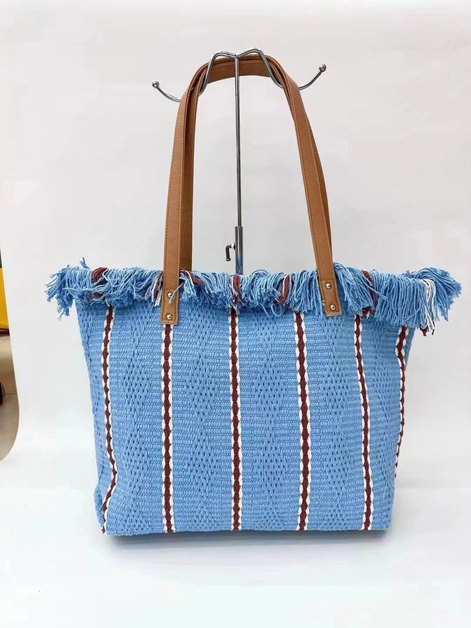 Women's Cotton Stripe Classic Style Tassel Square Magnetic Buckle Tote Bag