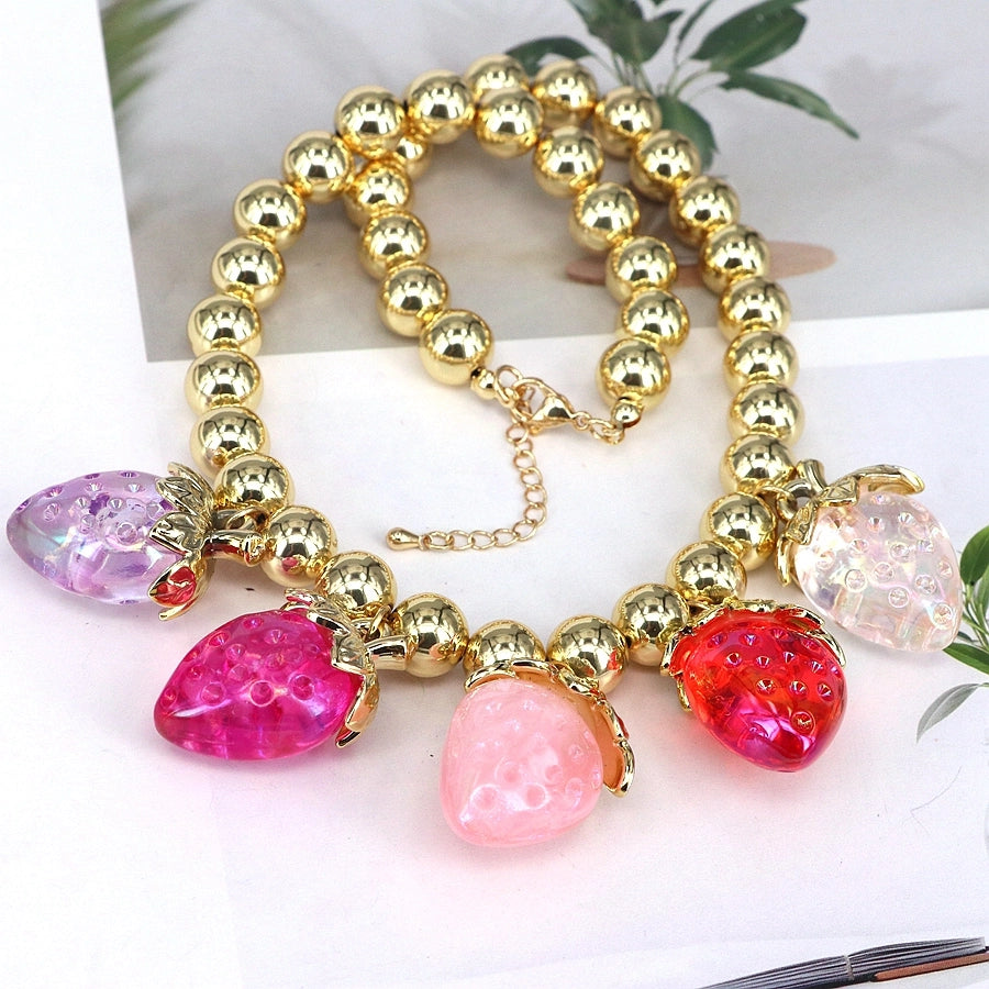 Resin Copper 18K Gold Beaded Chain 18K Gold Plated Cherry Strawberry Pendant Necklace