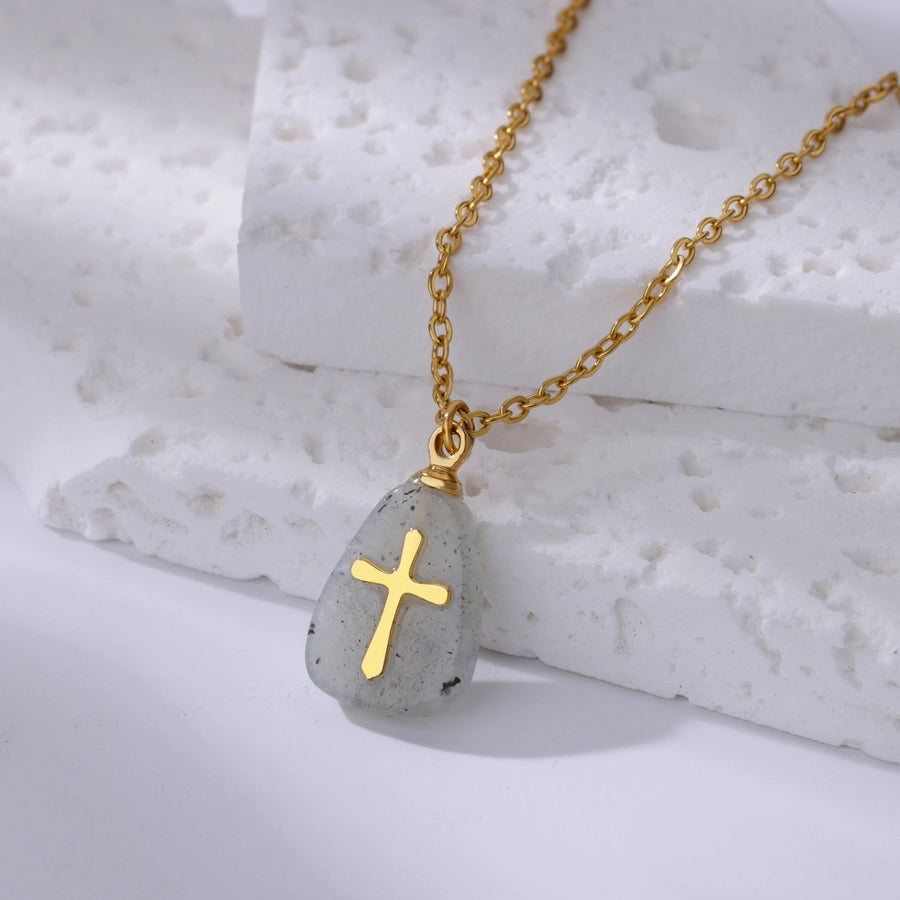 Classical Vintage Style Simple Style Cross 304 Stainless Steel natural stone Pendant Necklace In Bulk