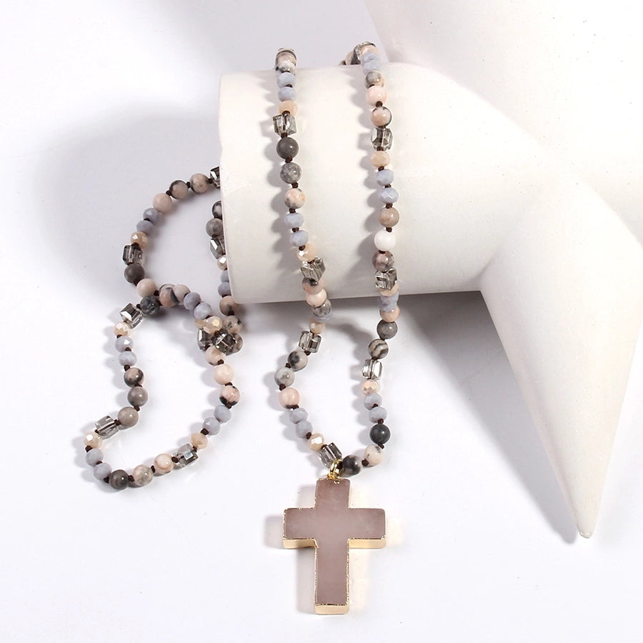 fashion bohemian style necklace natural stone mixed glass cross sweater chain necklace