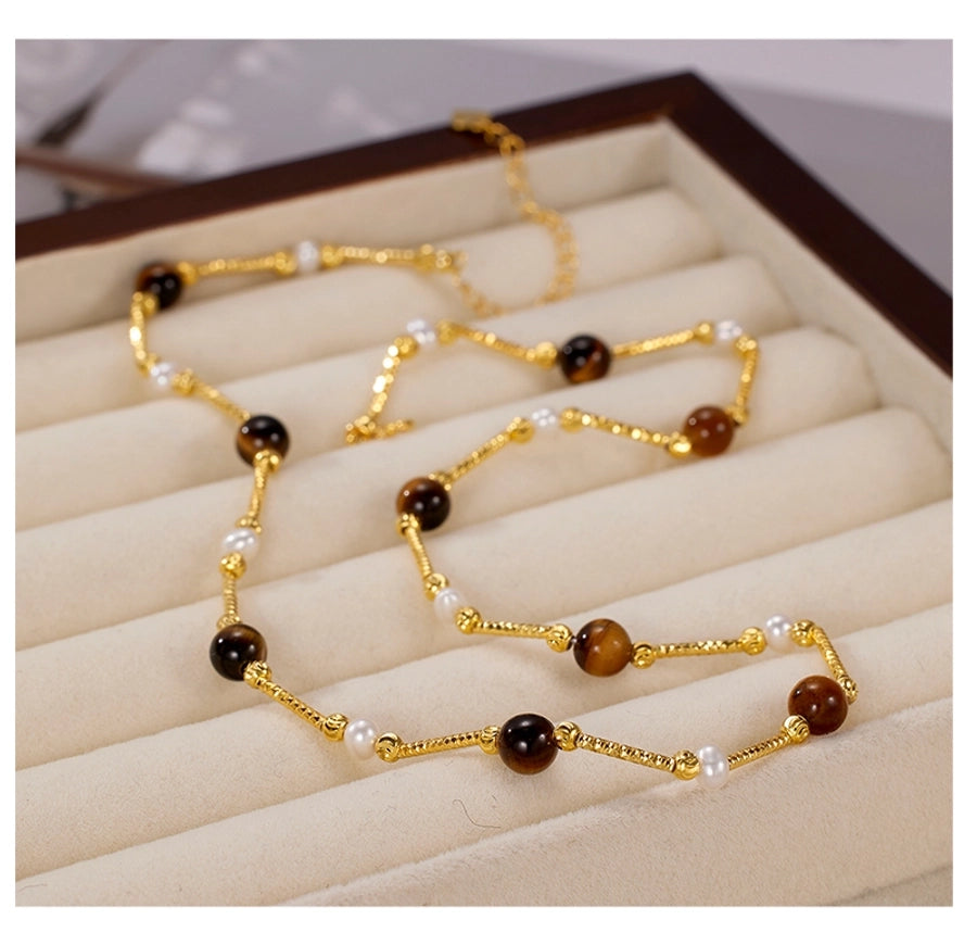 925 Sterling Silver Tiger Eye Long-Lasting Plated  Beaded Pearl Plating Geometric Necklace