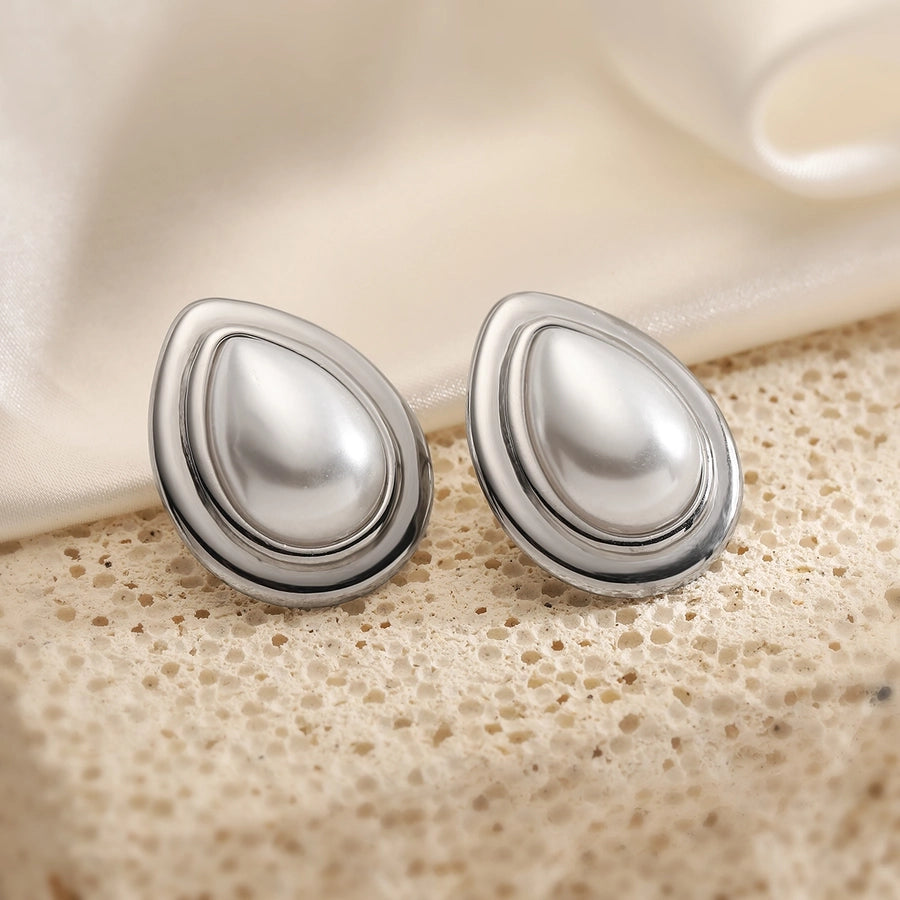 1 Pair Retro Simple Style Water Droplets Plating Inlay 304 Stainless Steel Pearl 18K Gold Plated Ear Studs