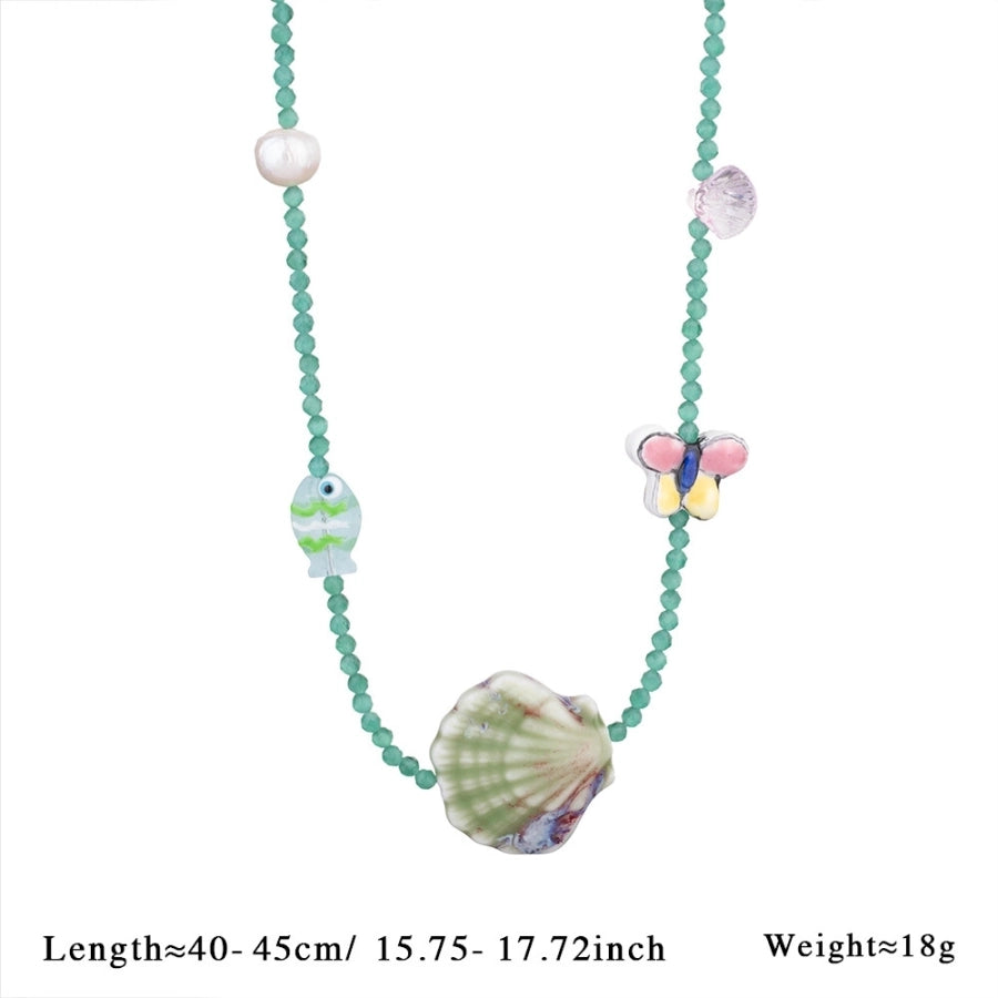 Beach Heart Shape Butterfly Shell 316L Stainless Steel  natural stone glass Beaded Chain Beaded Necklaces