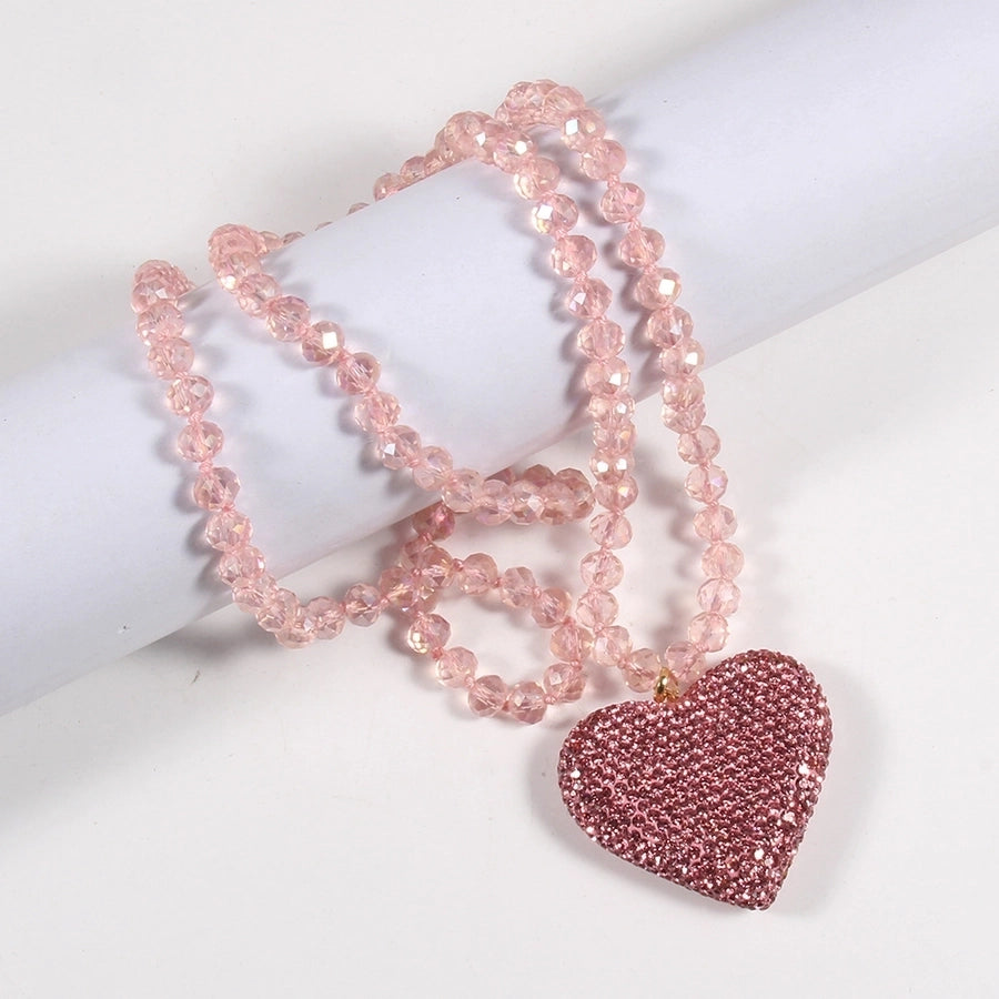 Shiny Heart Shape Glass Rhinestones  Pendant Necklace Sweater Chain In Bulk Natural stone necklace