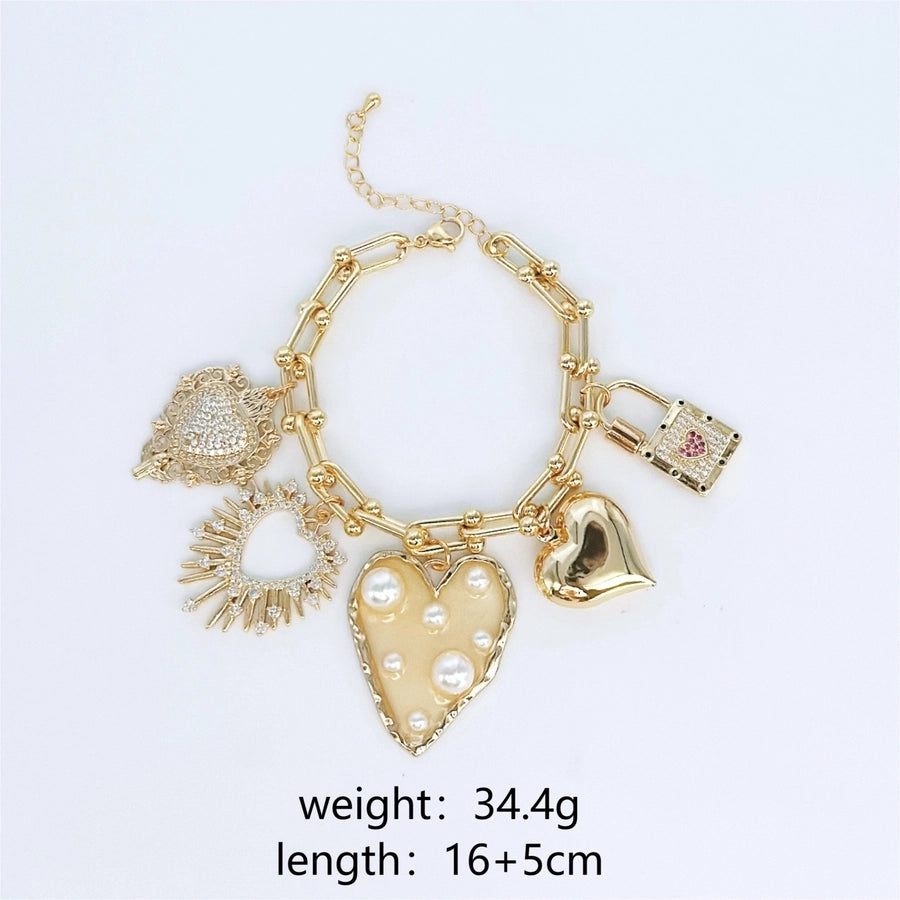 Imitation Pearl Copper 18K Gold Plated Heart Shape Zircon Multi Charms Bracelet Multi Charms Necklace