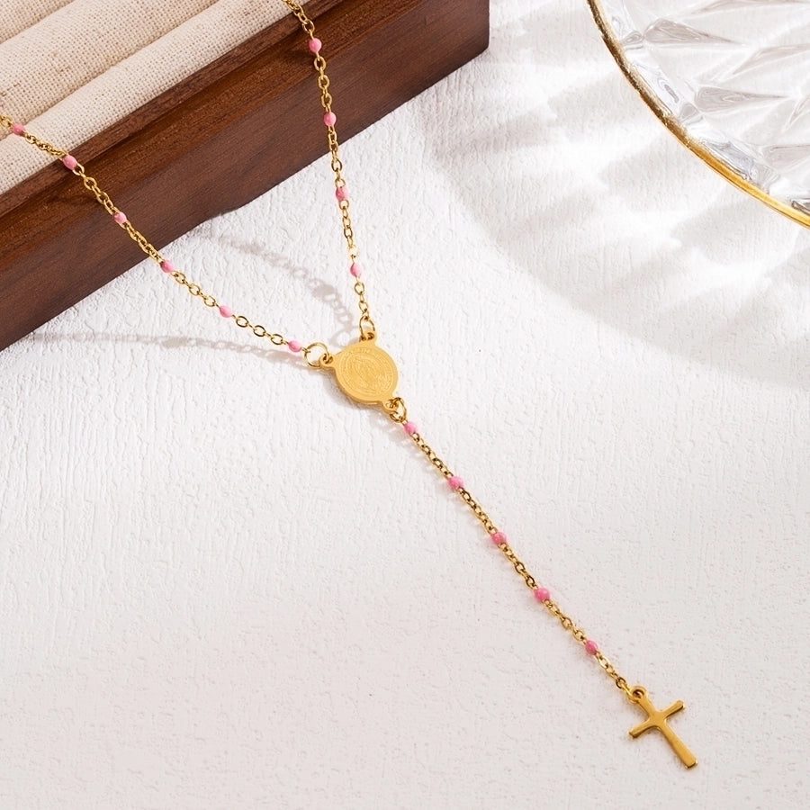 Jewelry Elegant Classical Cross Virgin Mary Priest Stainless Steel Beaded 18K Gold Plated Plating Necklace