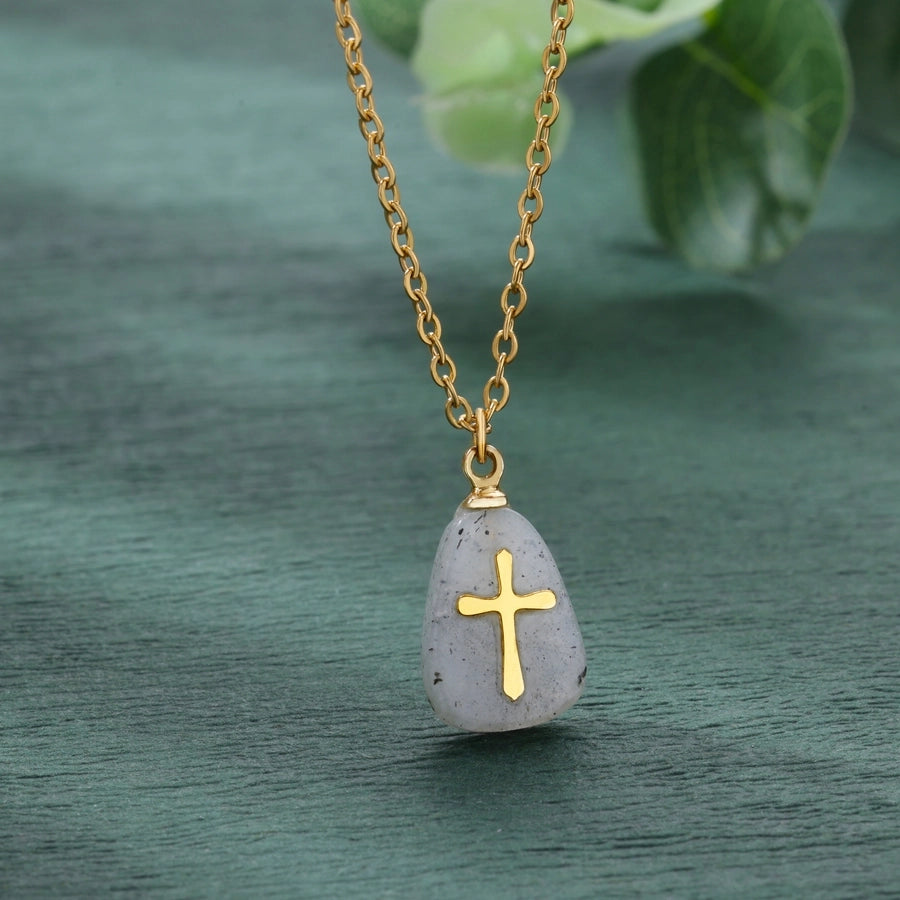 Classical Vintage Style Simple Style Cross 304 Stainless Steel natural stone Pendant Necklace In Bulk