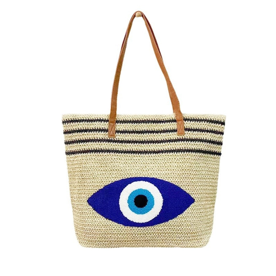 Women's Straw Devil's Eye Stripe Classic Style Weave Square Zipper Tote Bag Straw Bag