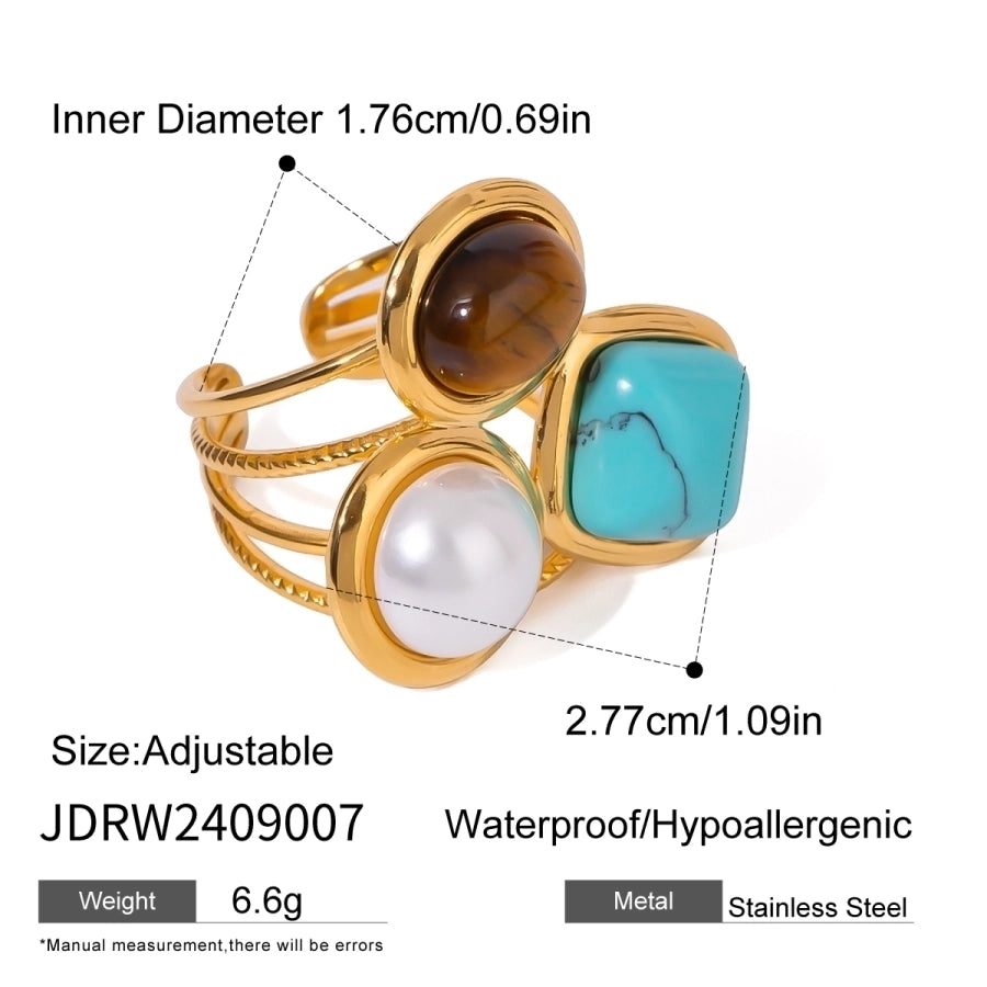 Jewelry Retro Round Square Oval 304 Stainless Steel Imitation Pearl Turquoise Tiger Eye Plating Inlay Rings Earrings