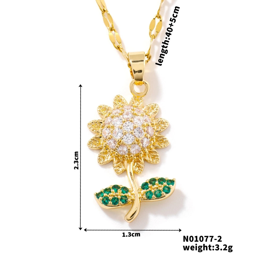 304 Stainless Steel Copper K Gold Plated Rhodium Plated Three-dimensional Inlay Sunflower Zircon Pendant Necklace