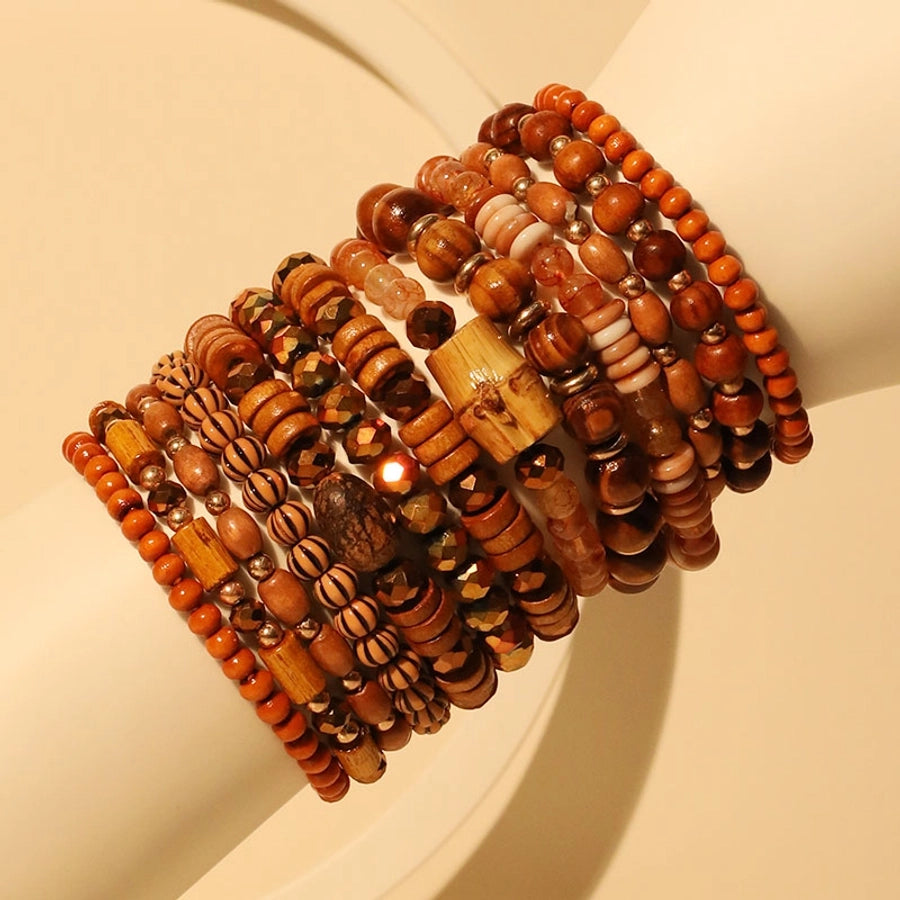 Retro Classic Style Round Oval CCB Wood Glass Beaded Chain Beaded Bracelets