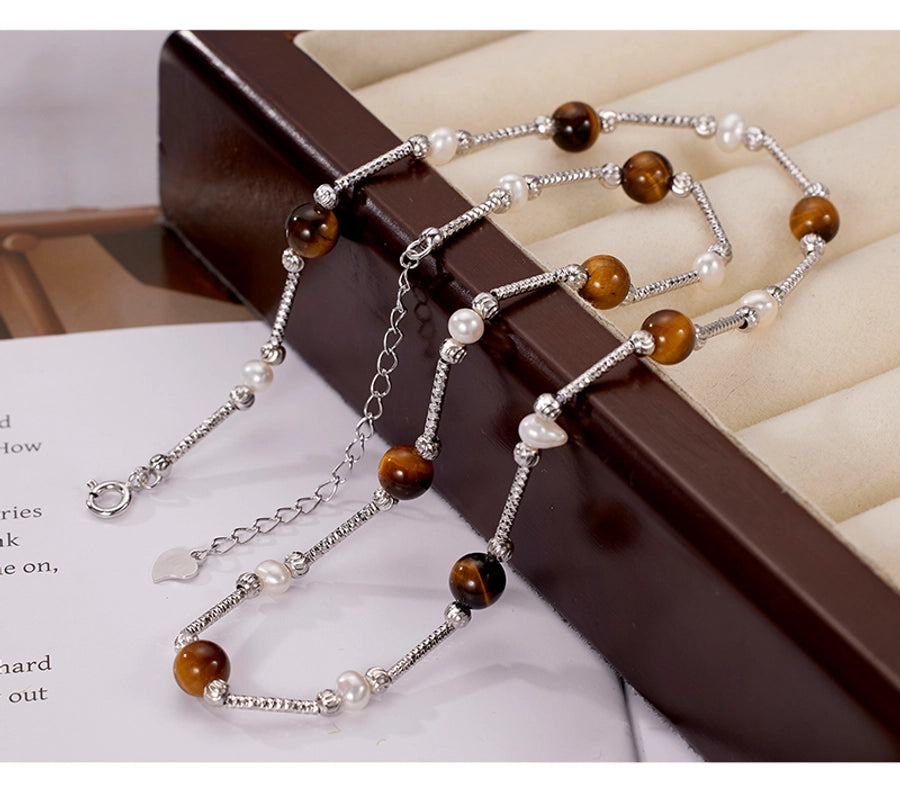 925 Sterling Silver Tiger Eye Long-Lasting Plated  Beaded Pearl Plating Geometric Necklace