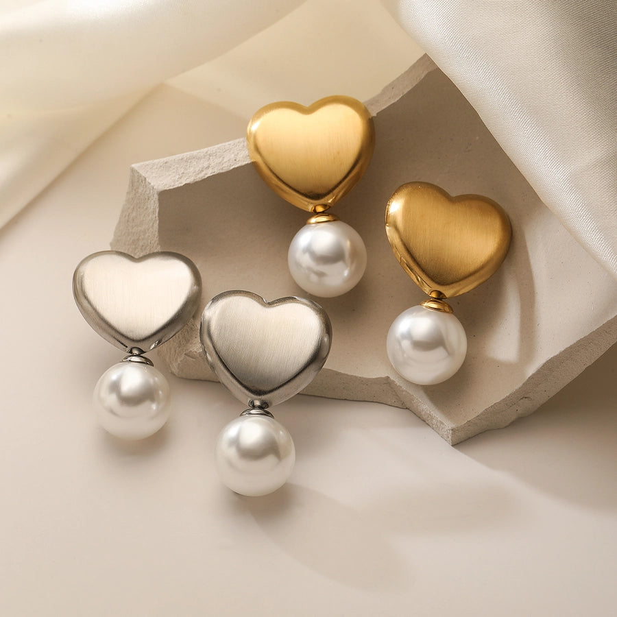 1 Pair Retro Simple Style Heart Shape Inlay 304 Stainless Steel Pearl Drop Earrings