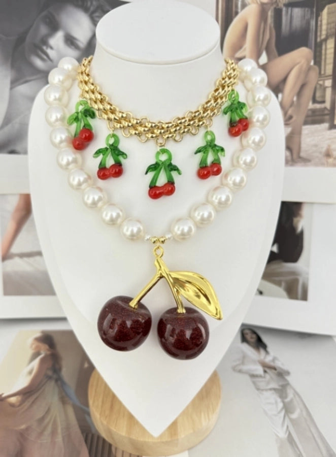 Cute Oversized Cherry Pearl 18K Gold Plated Artificial Pearl Glass Brass Beaded Chain Statement Necklaces