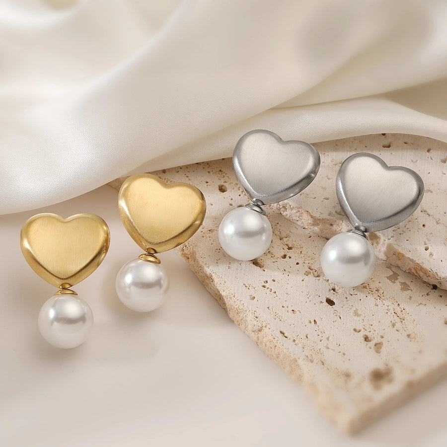 1 Pair Retro Simple Style Heart Shape Inlay 304 Stainless Steel Pearl Drop Earrings