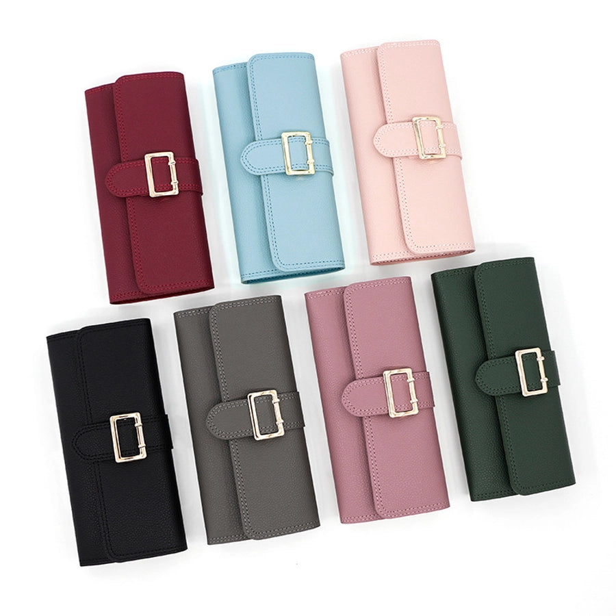 women's solid color pu leather buckle wallets