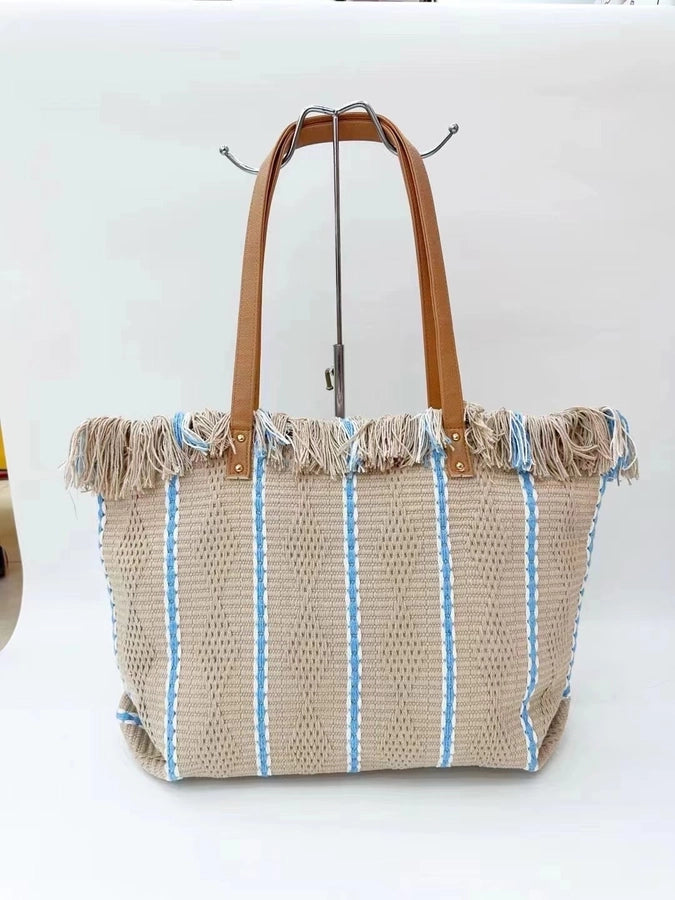 Women's Cotton Stripe Classic Style Tassel Square Magnetic Buckle Tote Bag